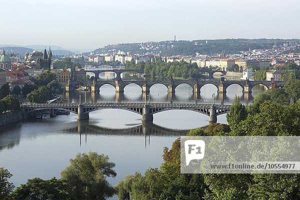 Ausblick vom Letna-Hügel über die Moldaubrücken zur Altstadt mit Altstädter Brückenturm  Prag  Tschechien  Europa