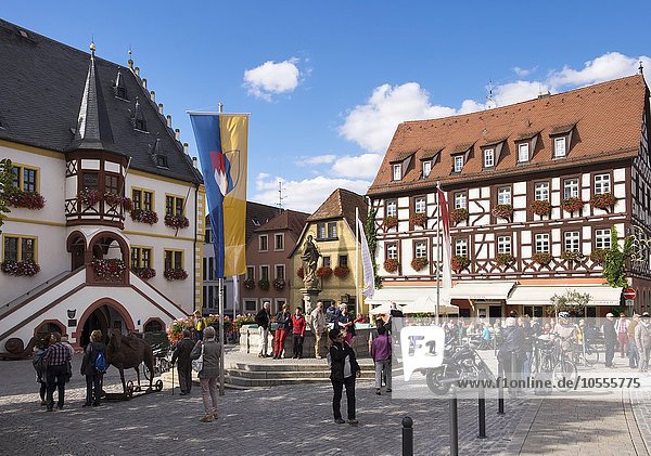 Marktplatz mit Rathaus und Hotel Behringer  Volkach  Mainfranken  Unterfranken  Franken  Bayern  Deutschland  Europa