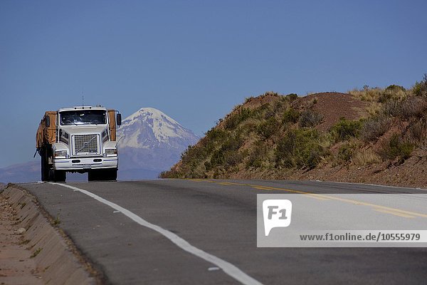 Lastwagen auf Strasse vor dem Vulkan Sajama  Altiplano  Grenze Bolivien  Chile  Südamerika