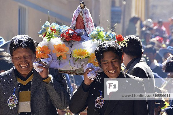 Procession during fiesta in Colquechaca  Potosi  Bolivia  South America