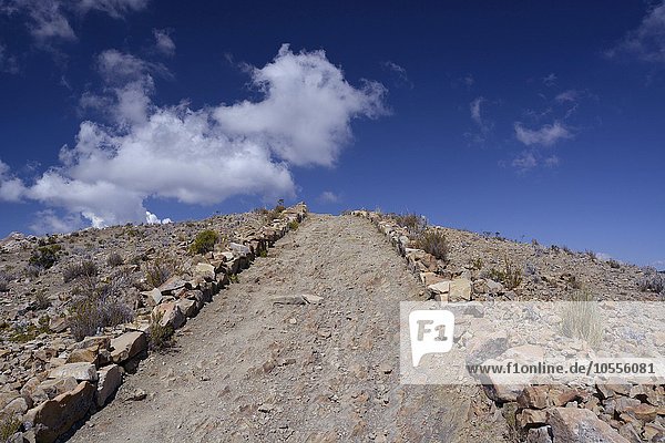 Wanderweg durch karges steiniges Land  Isla del Sol  Sonneninsel  Titicaca oder Titikaka See  Bolivien  Südamerika