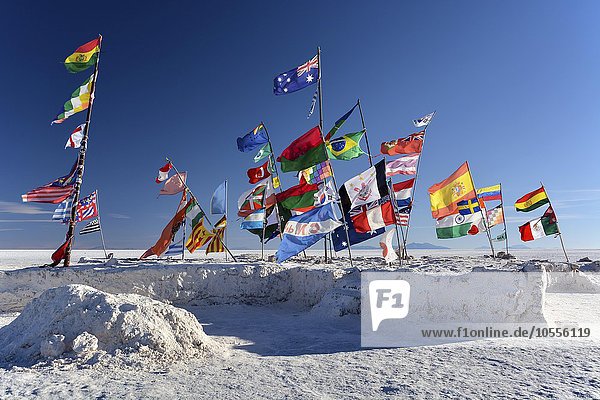 International flags in wind  salt hotel  Hotel de Sal Playa Blanca  Salar de Uyuni  Altiplano  Bolivia  South America