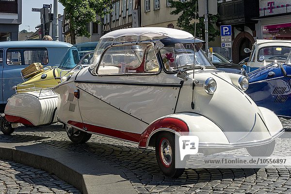 Oldtimer meeting  Vintage Messerschmitt KR 200 with a glass roof  sunscreen and trailer  built from 1955 to 1964  market place  Nidda  Hesse  Germany  Europe