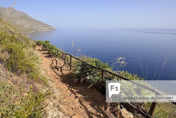 Hiking trail along coast  Zingaro Nature Reserve  San Vito lo Capo  Trapani  Sicily  Italy  Europe