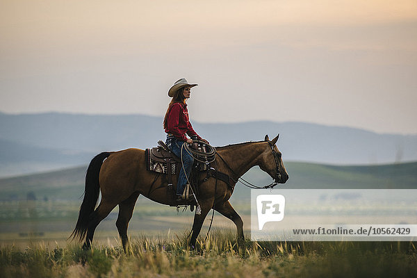 Kaukasisches Cowgirl reitet auf einem Pferd in einem ländlichen Gebiet