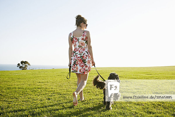 Kaukasische Frau geht mit Hund im Feld spazieren