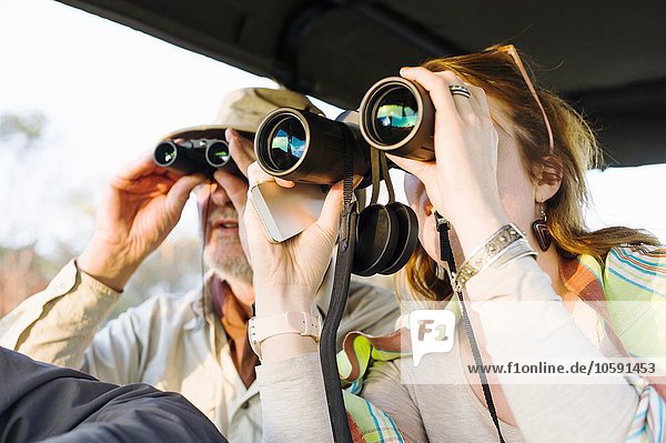 Senior man and daughter looking out through binoculars on safari  Kafue National Park  Zambia