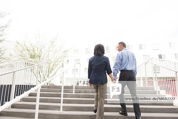 Low angle full length rear view of mature couple holding hands ascending stairs