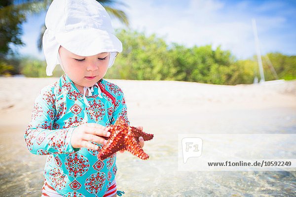 Girl on beach wearing swimear and sunhat holding starfish looking down  St. Croix  US Virgin Islands
