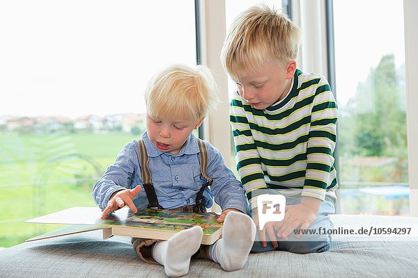 Männliches Kleinkind und Bruder lesen Kinderbuch auf Sofa