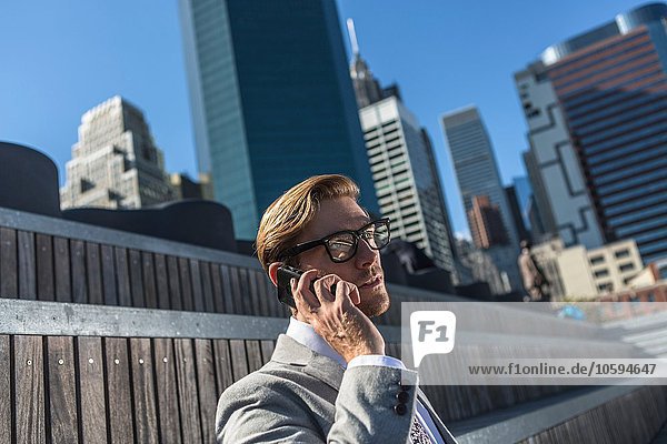 Jungunternehmer im Gespräch auf dem Smartphone New York USA