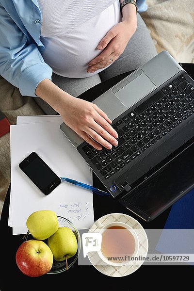 Pregnant woman sitting on sofa  using laptop  overhead view
