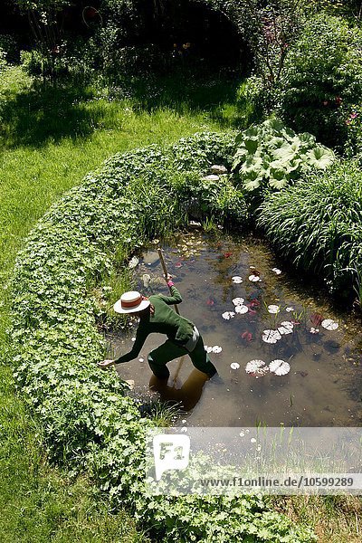 Hochwinkelansicht der reifen Frau im Garten bei der Teichreinigung