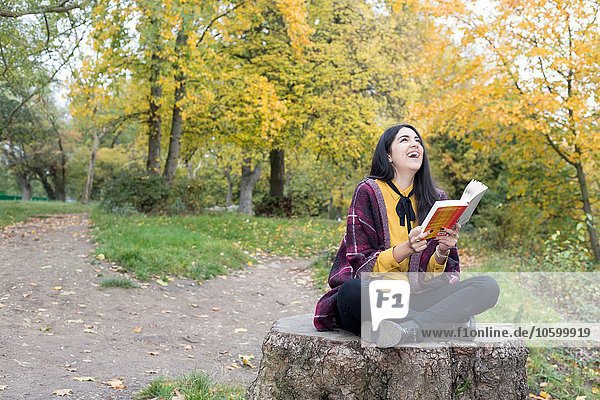 Junge Frau mit Buch über Baumstumpf  Hampstead Heath  London