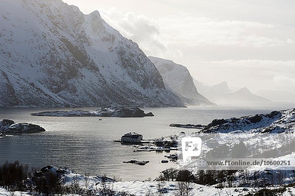 Schneebedeckte Berge und Fjord bei Unstad  Lofoten  Norwegen