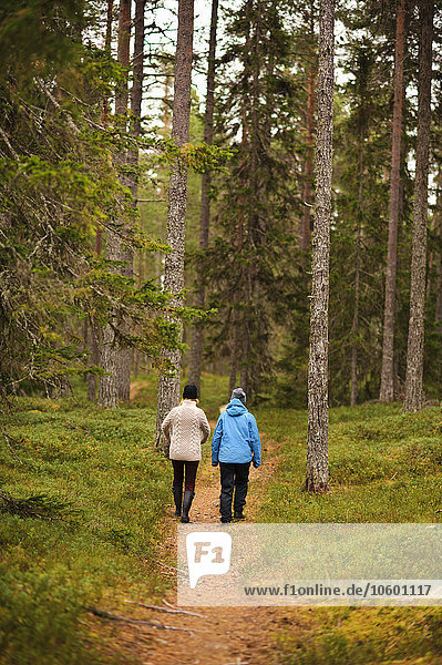 Zwei Frauen wandern durch den Wald