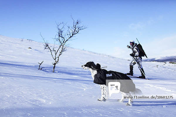 Jäger beim Skifahren mit Hund