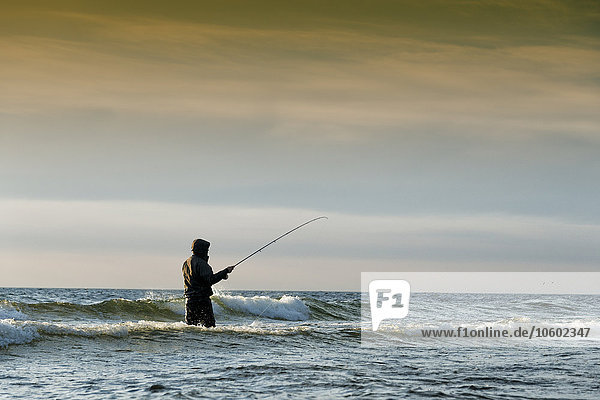 Mann beim Fischen im Meer  Gotland  Schweden