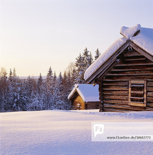Schneebedeckte Holzhäuser