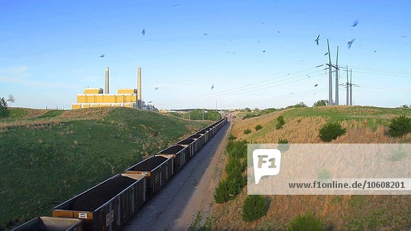 Vögel schwärmen über Eisenbahnschienen in der Nähe eines Kohlekraftwerks