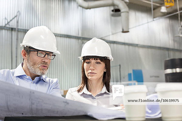 Engineers in hard-hats viewing blueprints in factory