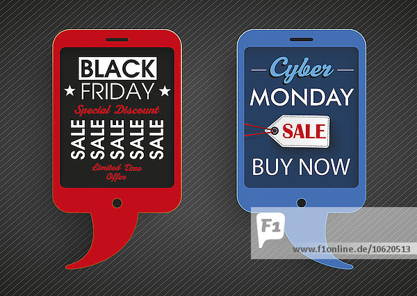 Illustration  2 Smartphone Sprechblasen für Black Friday und Cyber Monday Sale