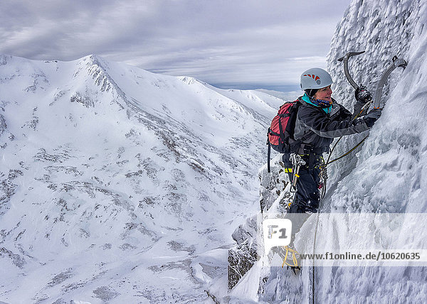 UK  Scotland  Glencoe  West Face Aonach Mor  woman ice climbing