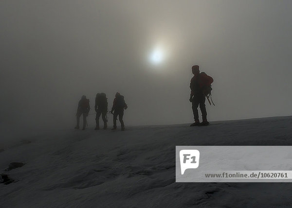 Schweiz  Westberner Alpen  Bergsteiger im Nebel in der Region Balmhorn