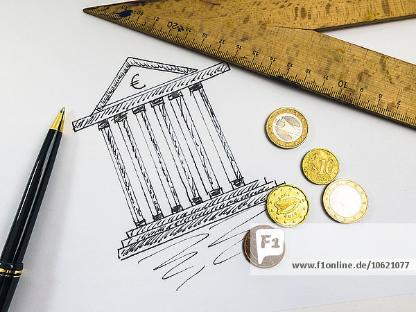 Zeichnung von Finanzamt  Kugelschreiber  Lineal und Münzen