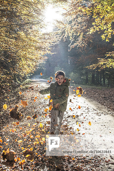 Junge spielt mit Blättern im Herbstwald