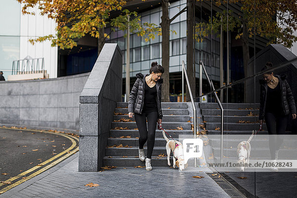 UK  London  Frau und ihr Hund beim Spaziergang in der Stadt