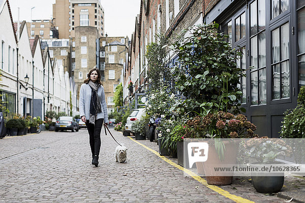 UK  London  junge Frau geht mit ihrem Hund spazieren