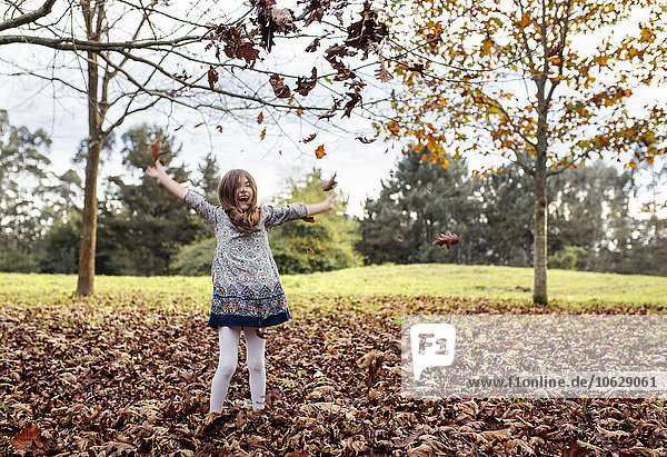 Laughing girl throwing autumn leaves in the air