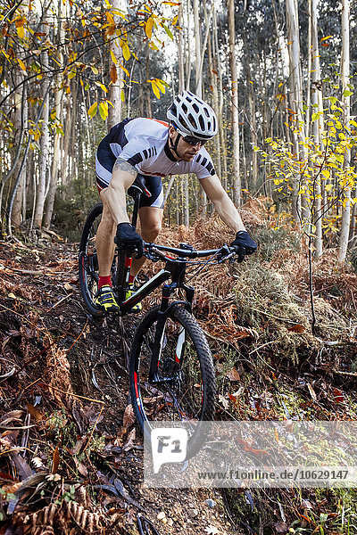 Mountain biker driving downhill in a forest