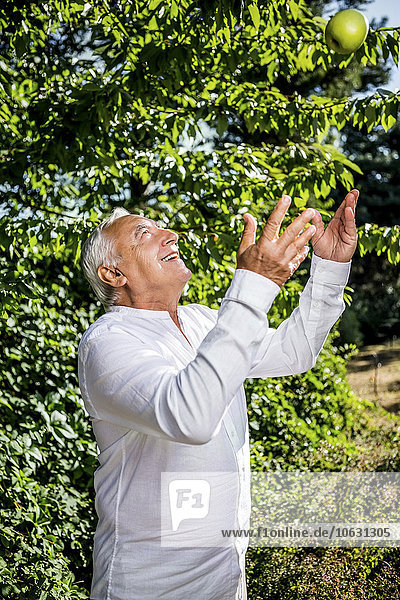 Lächelnder älterer Mann  der einen Apfel in den Garten wirft.