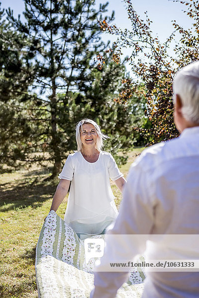 Elderly couple holding picnic blanket on a meadow