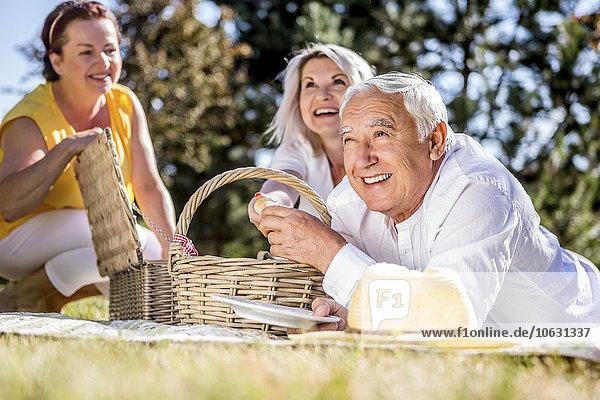 Glückliche ältere Freunde beim Picknick auf einer Wiese
