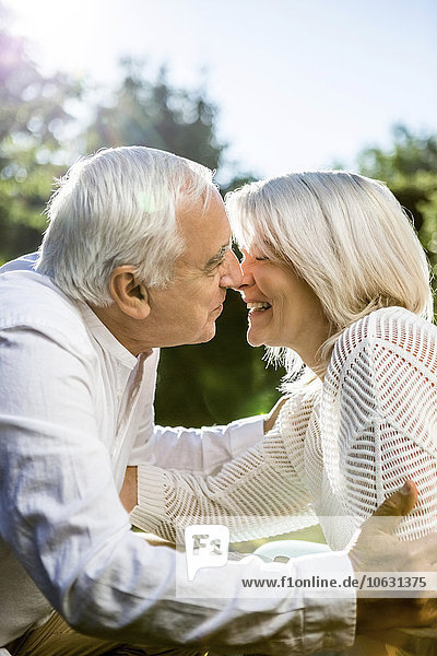 Happy elderly couple kissing outdoors