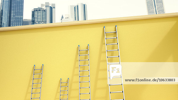 3d Rendering,  Leitern auf gelber Wand vor der Skyline