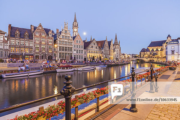 Belgium  Ghent  old town  Graslei  historical houses at River Leie at dusk