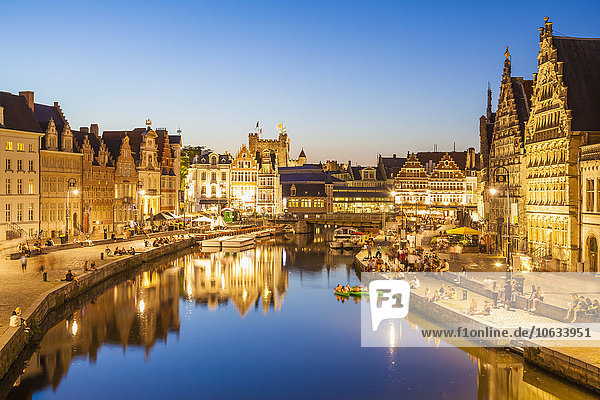 Belgium  Ghent  old town  Korenlei and Graslei  historical houses at River Leie at blue hour
