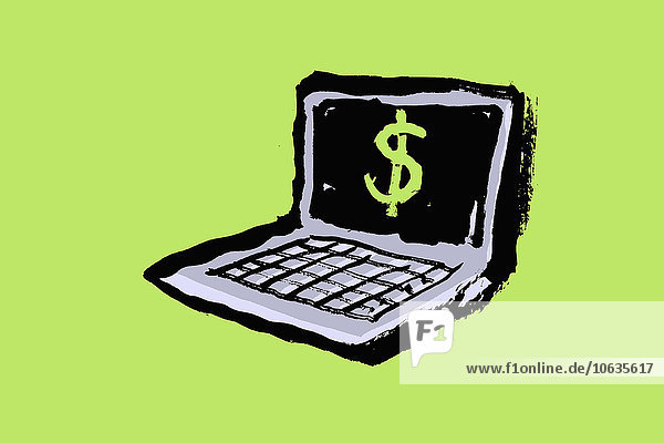 Abbildung des Laptops mit Dollarzeichen vor grünem Hintergrund