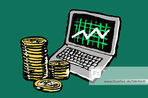 Abbildung des Laptops mit Fortschrittsgrafik und gestapelten Münzen vor grünem Hintergrund