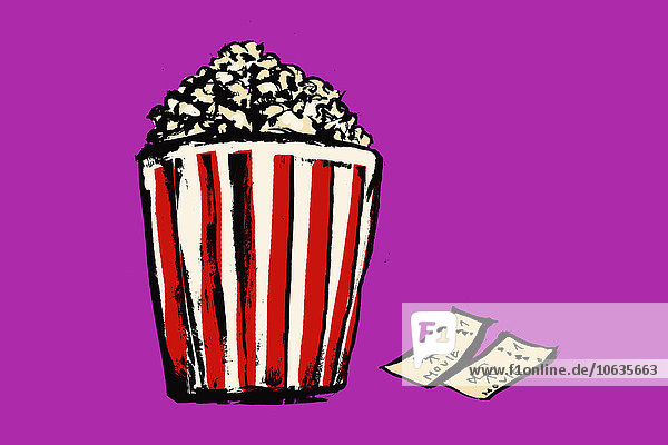 Illustration von Popcorn-Box und Kinokarten vor rosa Hintergrund
