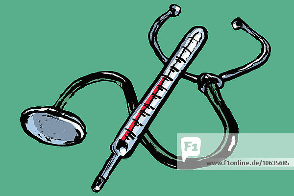 Illustratives Bild von Stethoskop und Thermometer auf grünem Hintergrund