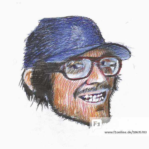 Illustratives Bild des glücklichen Mannes mit Mütze und Brille vor weißem Hintergrund