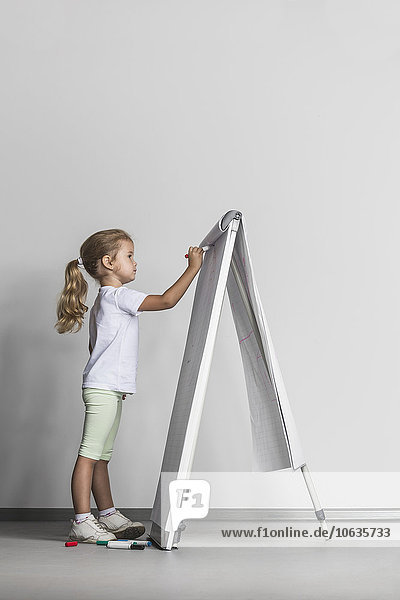 Seitenansicht der Mädchenzeichnung auf Flipchart gegen weiße Wand
