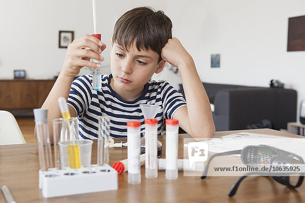 Junge schaut auf das Reagenzglas  während er zu Hause ein wissenschaftliches Experiment durchführt.
