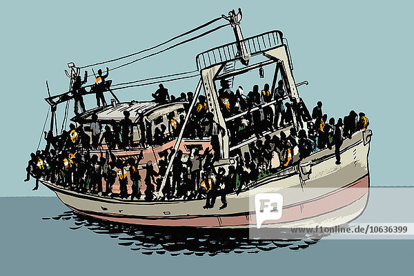 Illustration der Menschenmenge  die im Schiff auf hoher See unterwegs ist.