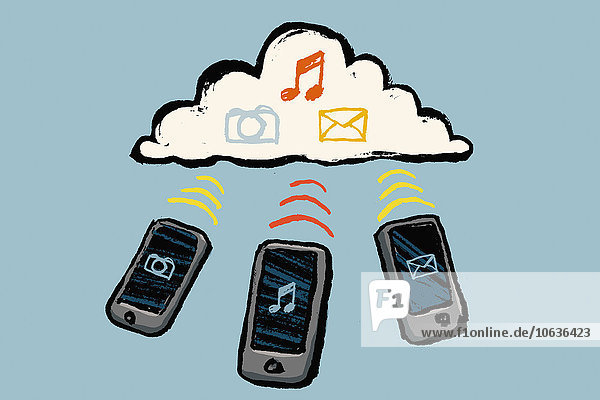 Darstellung von Smartphones und Cloud mit multimedialen Symbolen auf blauem Hintergrund